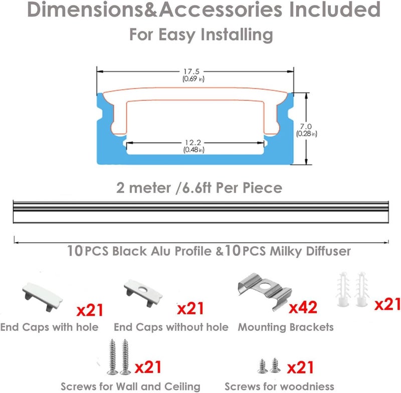 Besseto 10Pack 6.6Ft/2M White LED Aluminum Channel,LED Strip Light Diffuser Aluminum Channel Profile Housing Extrusion for Under Cabinet Counter and Stairs (White-10Pack 6.6ft) - Image 2